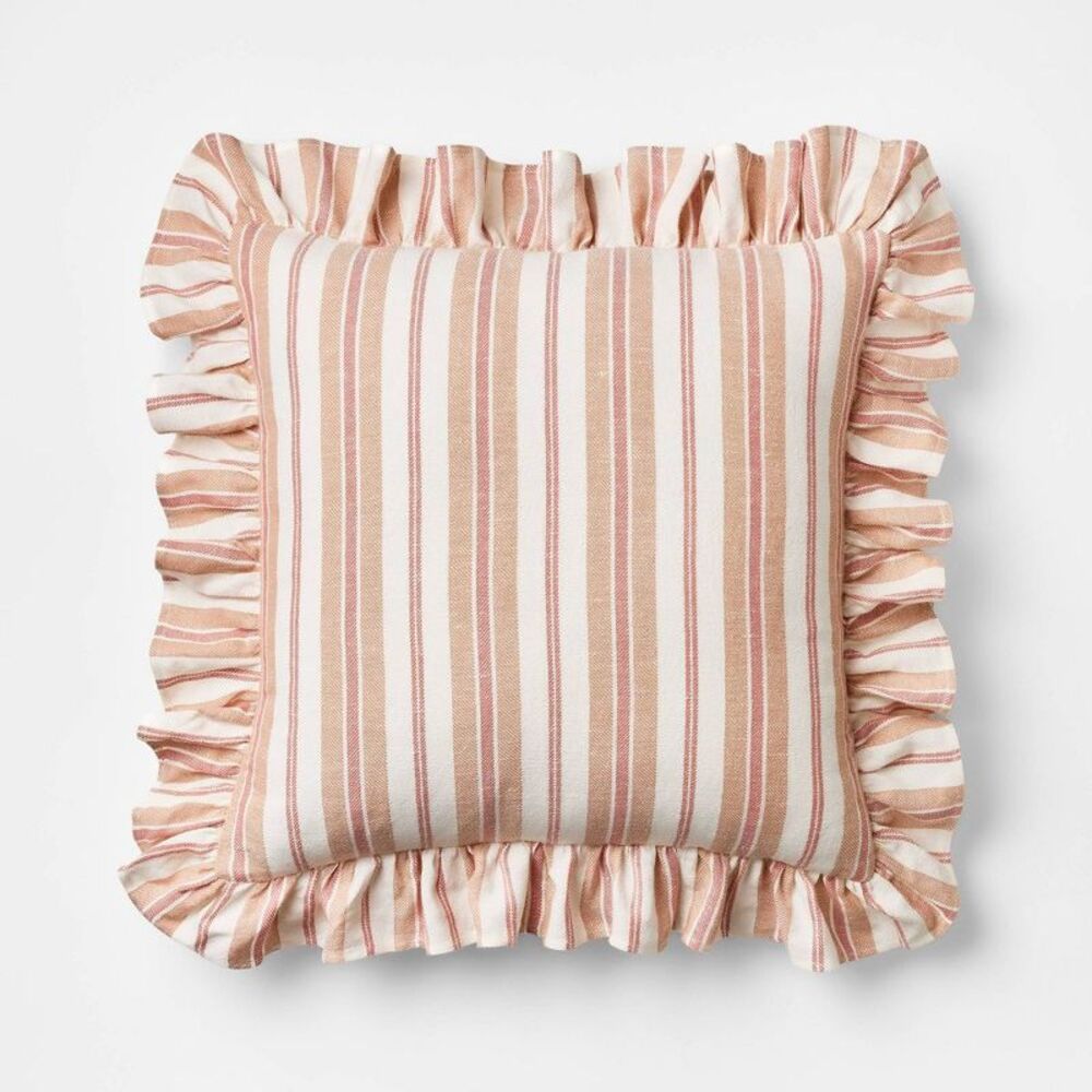 Square Woven Stripe Throw Pillow with Ruffle Rose/ Rose/Ivory